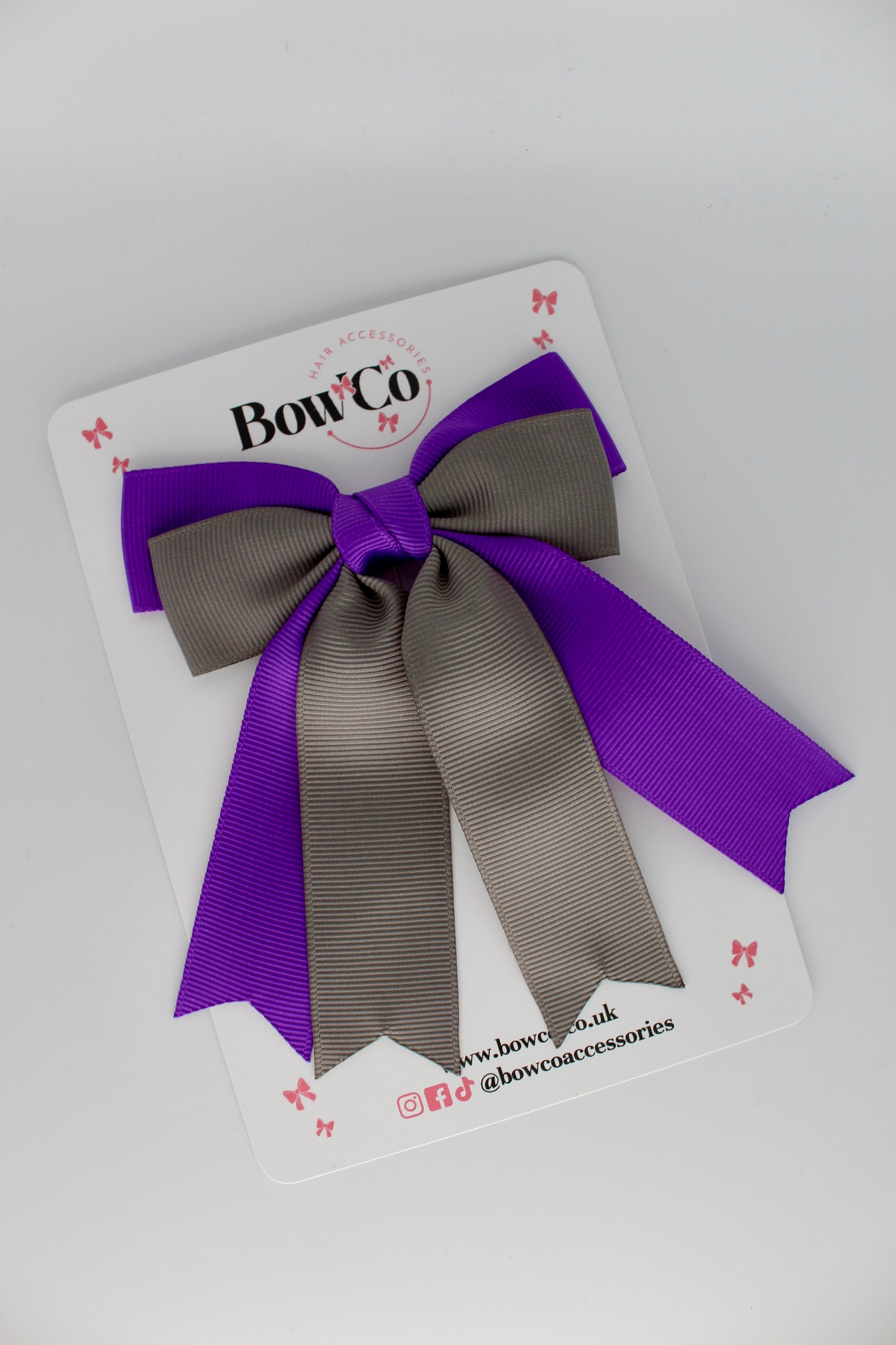 Double Ribbon Tail School Hair Bow – Clip - Purple and Metal Grey
