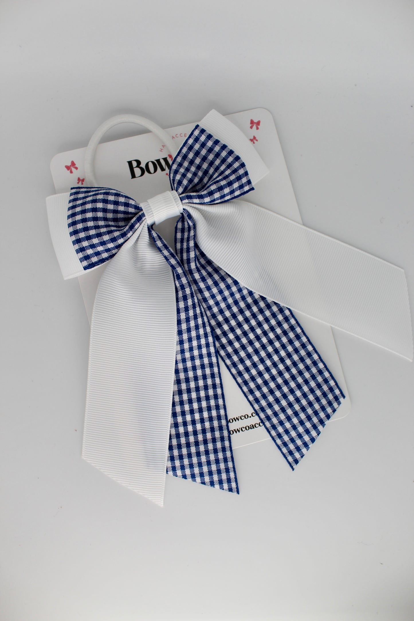 Double Layer Tail Bow - Navy Blue Gingham - Elastic