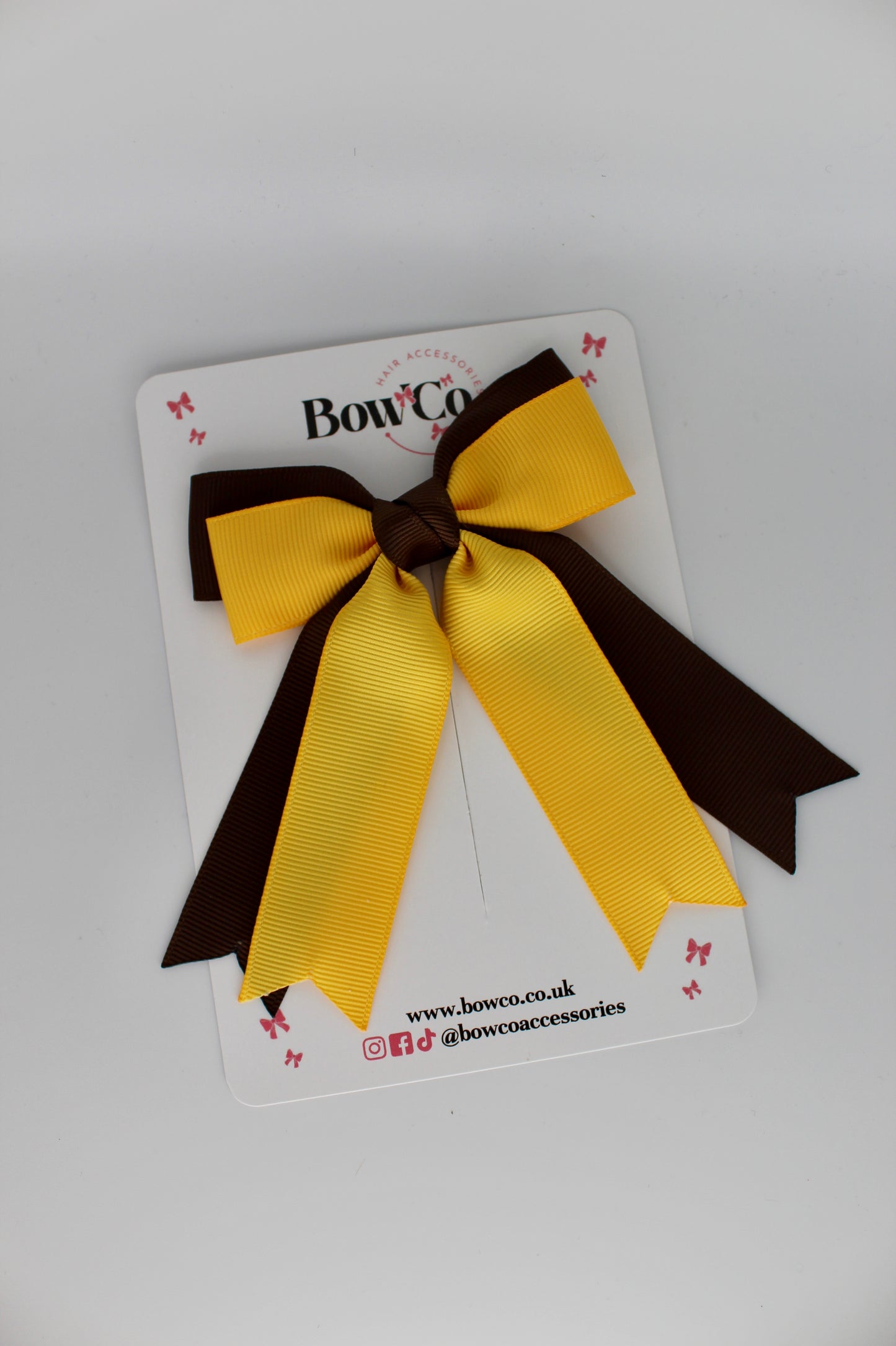 Double Ribbon Tail School Hair Bow – Clip - Black and Yellow Gold