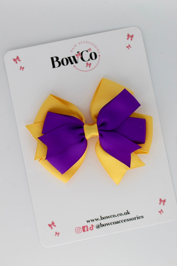 3 Inch Double Tail Bow - Clip - Purple and Yellow Gold