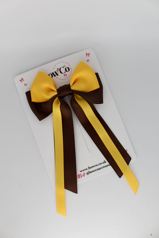 Streamer Tail Bow - Clip - Brown and Yellow Gold