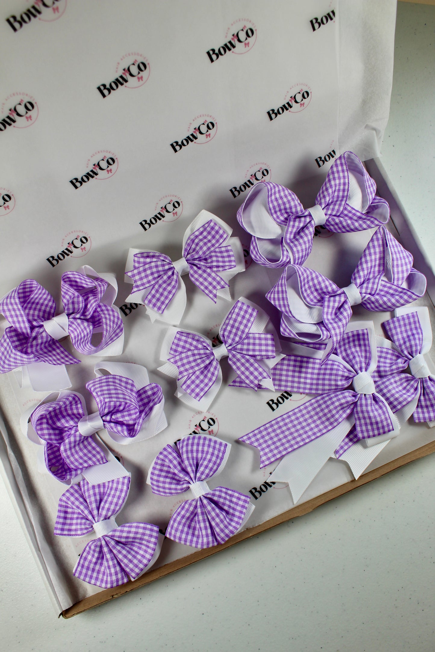 Lilac Gingham School Bow Bundle M/L - Clip - 10 Bows