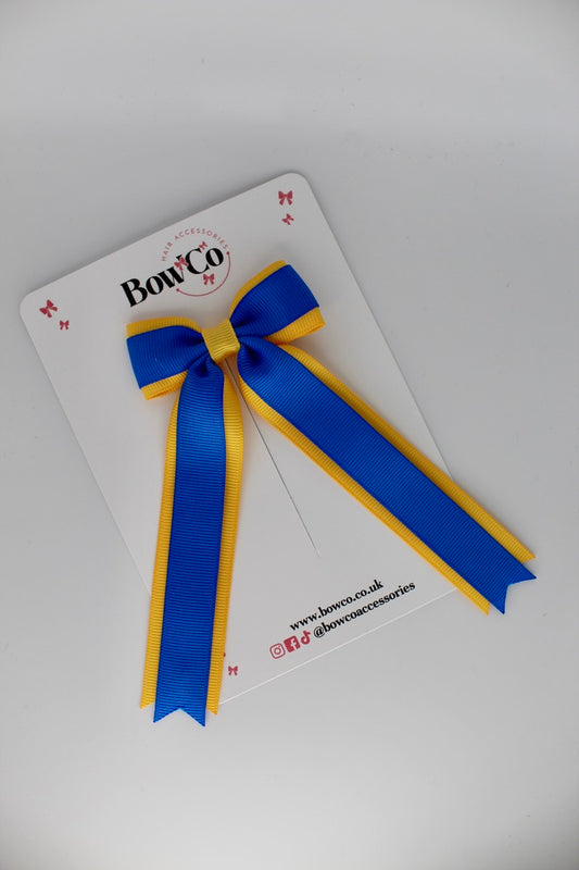 Tuxedo Tails School Hair Bow – Clip - Royal Blue and Yellow Gold
