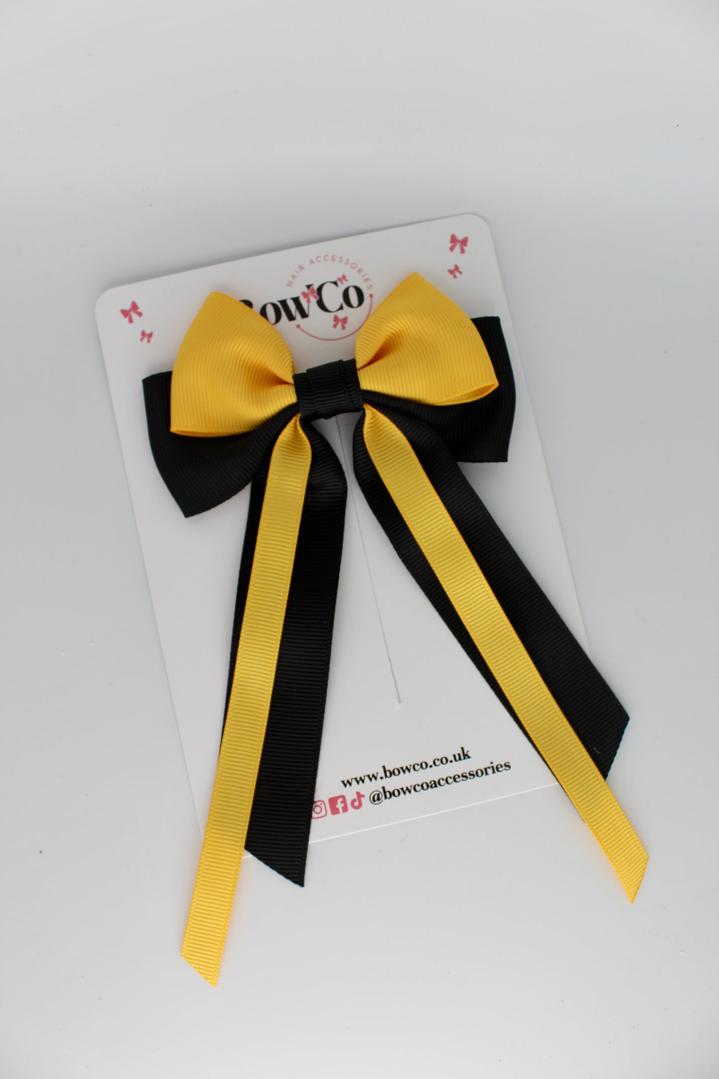 Streamer Tail Bow - Clip - Black and Yellow Gold