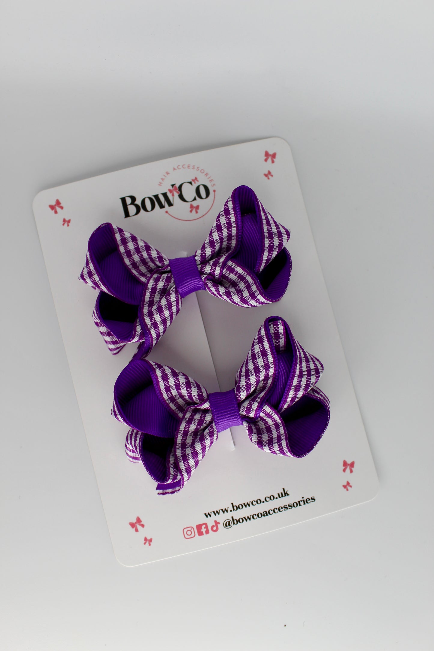 School Purple Gingham Loop Bow Set - Clip