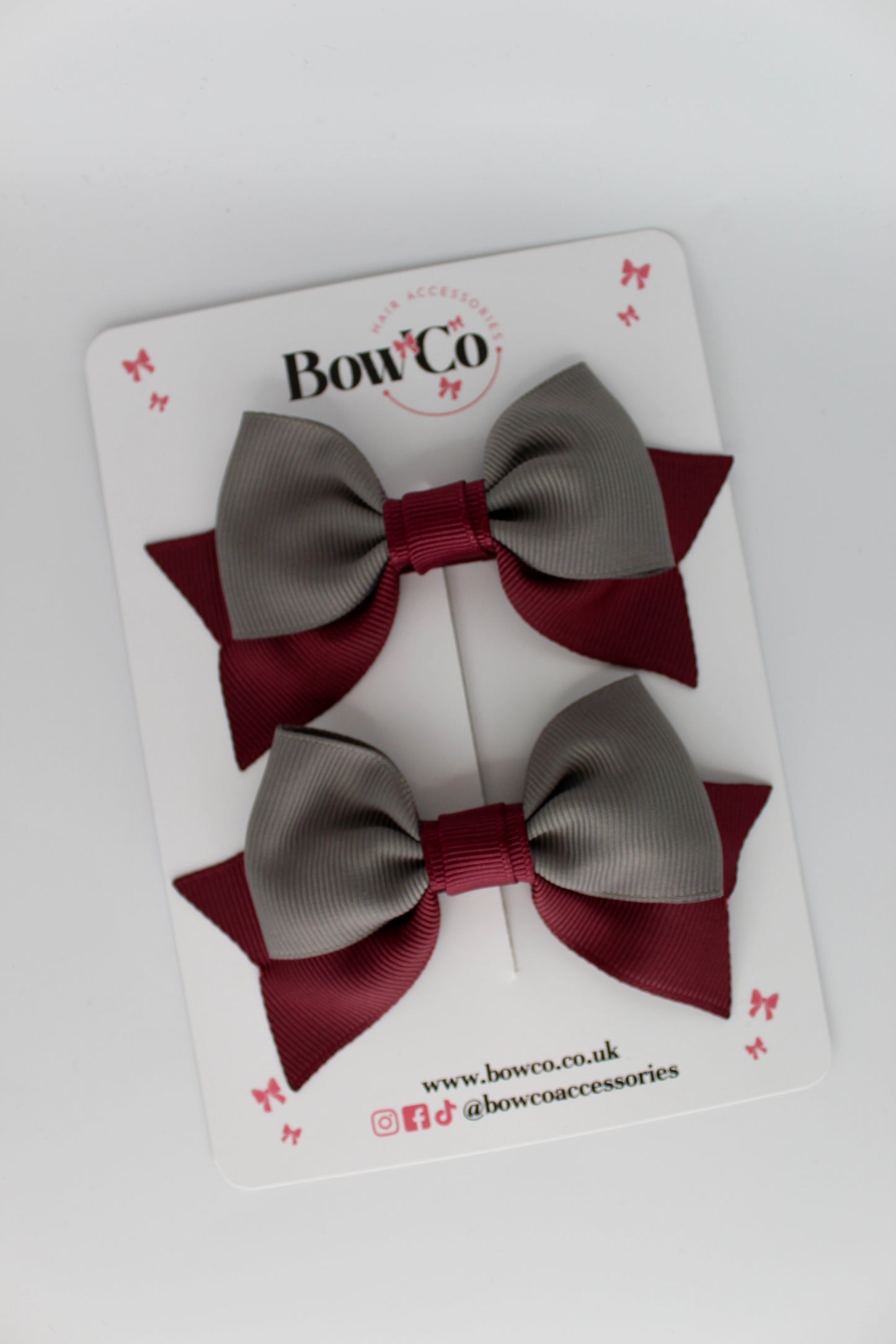 Double Knot Bow Tail Set - Clip - Burgundy and Metal Grey