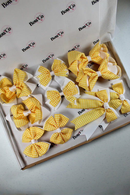 Yellow Gingham School Bow Bundle M/L - Clip - 10 Bows