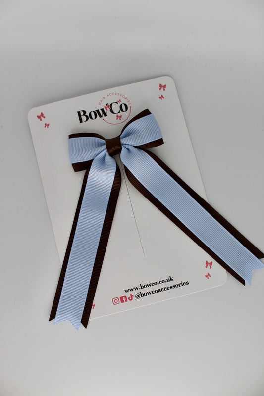 Tuxedo Tails School Hair Bow – Clip - Bluebell and Brown