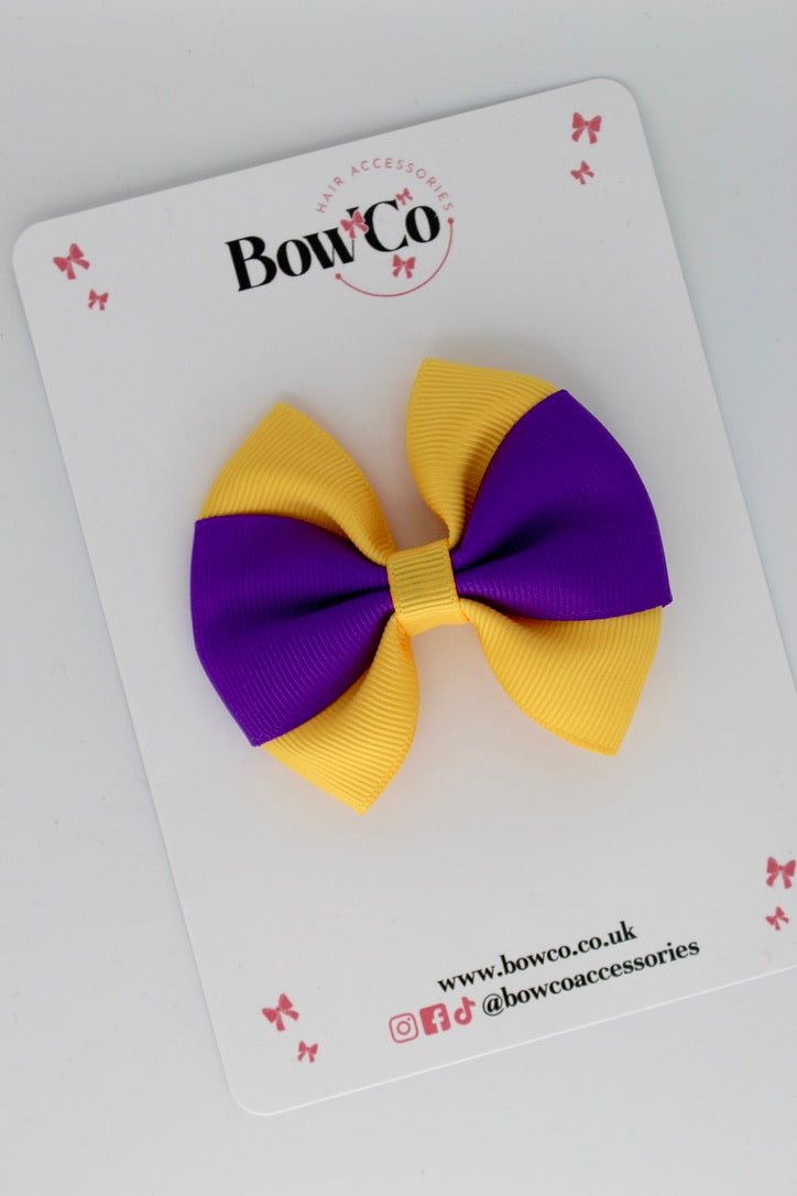Purple and Yellow Gold - Round Tuxedo Bow - Clip