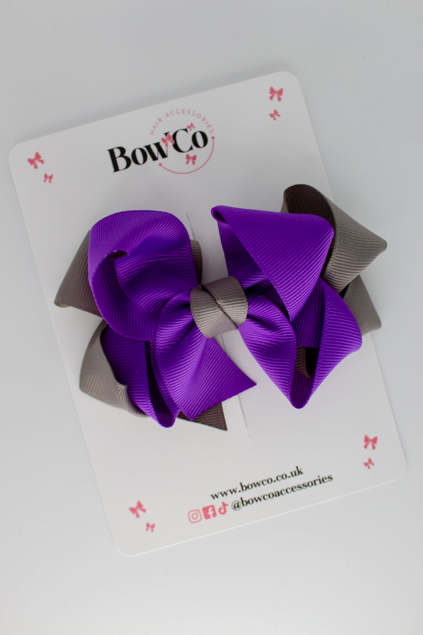 Double Loop School Hair Bow - Clip - Purple and Metal Grey