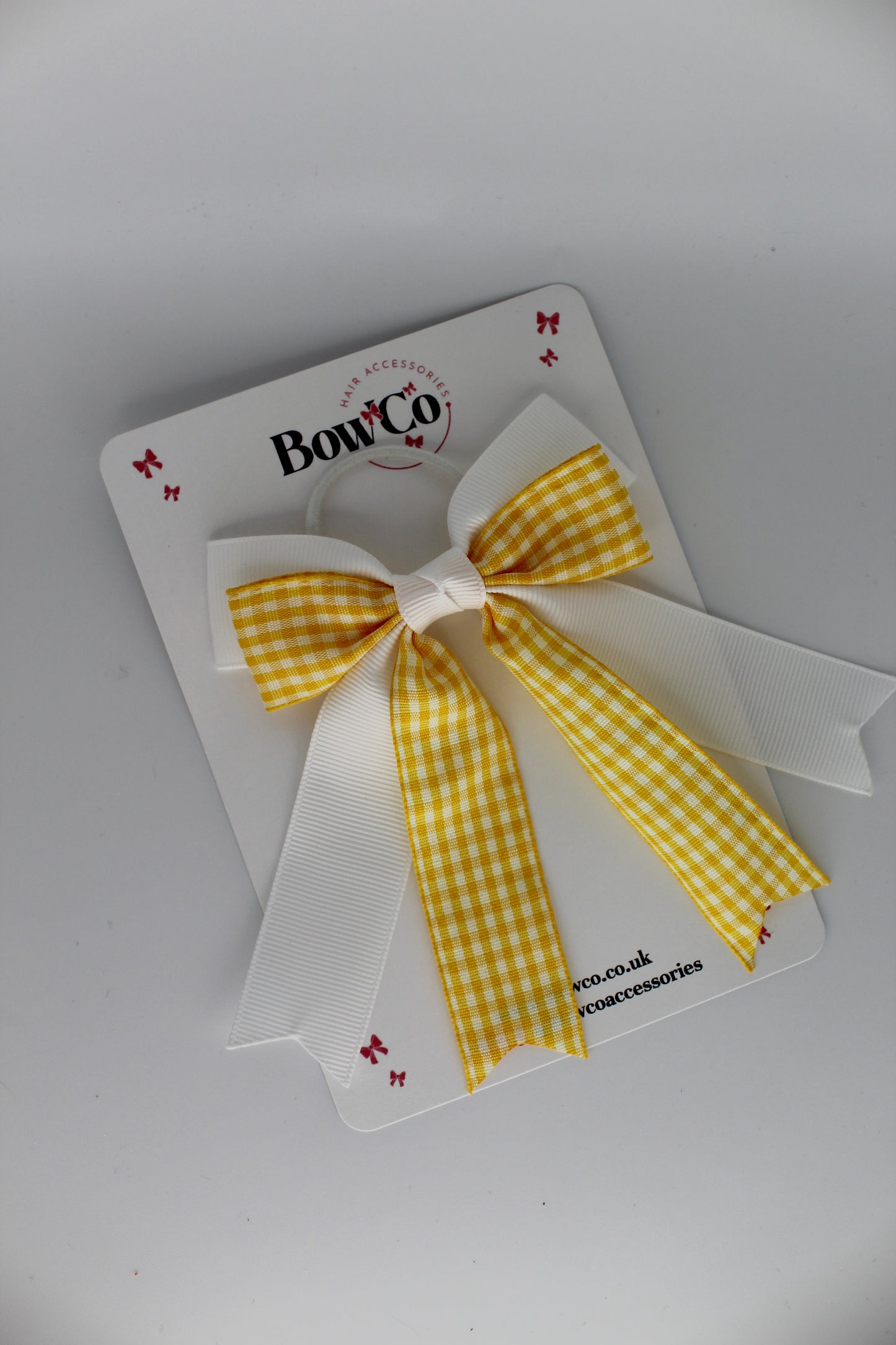 Double Ribbon Tail Bow - Yellow Gingham - Elastic