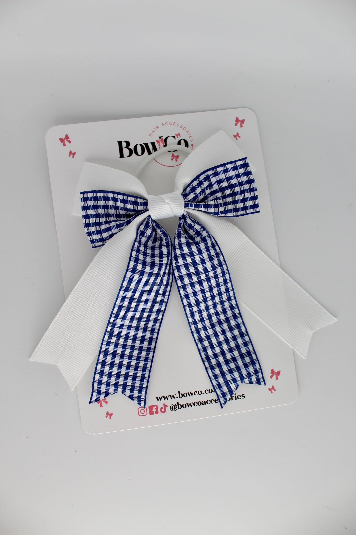 Double Ribbon Tail Bow - Navy Blue Gingham - Elastic