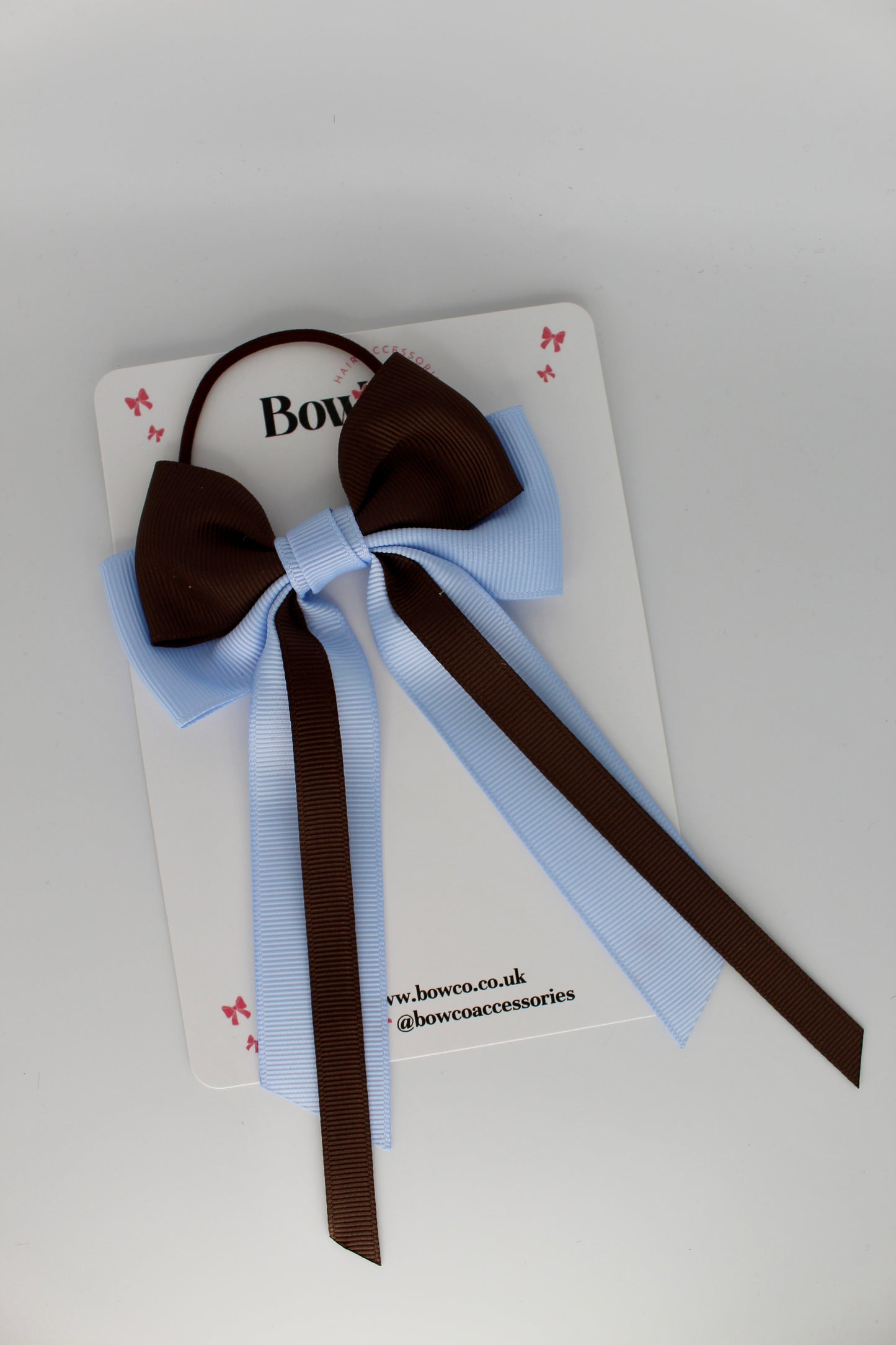 Streamer Tail School Hair Bow – Elastic - Bluebell and Brown