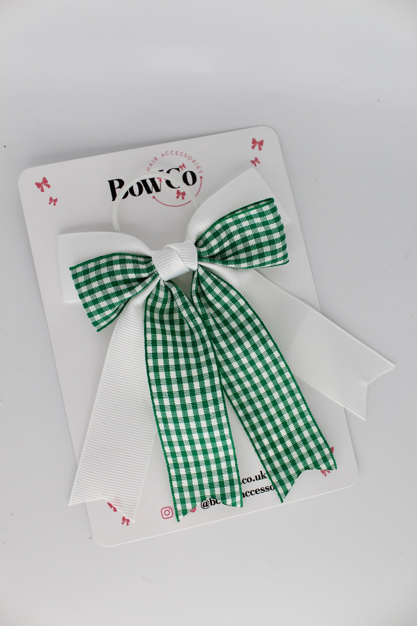 Double Ribbon Tail Bow - Green Gingham - Elastic
