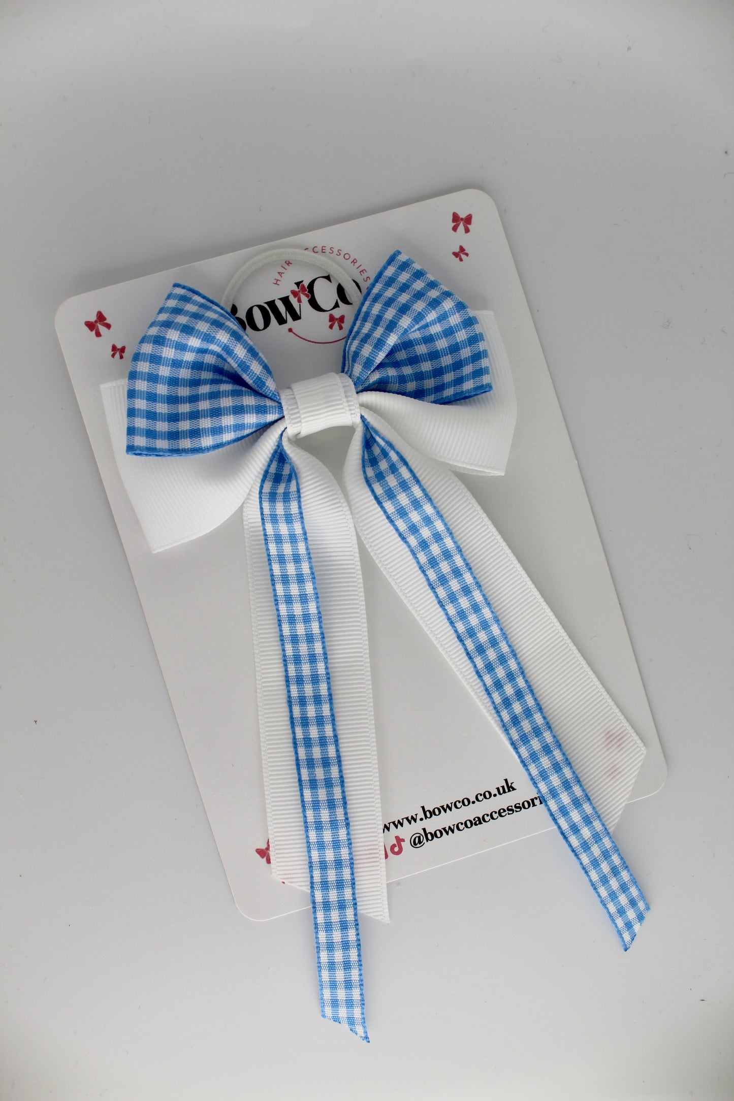 Streamer Tail Bow - Light Blue Gingham - Elastic
