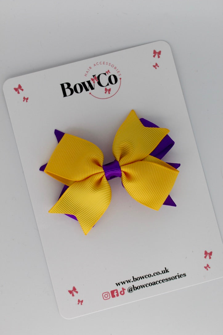 3 Inch Layer Tail Bow - Clip - Purple and Yellow Gold