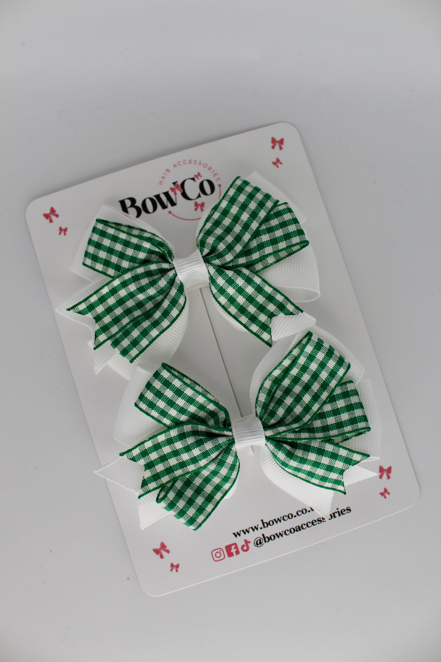 Double Tail Bow Set - Green Gingham - Clip