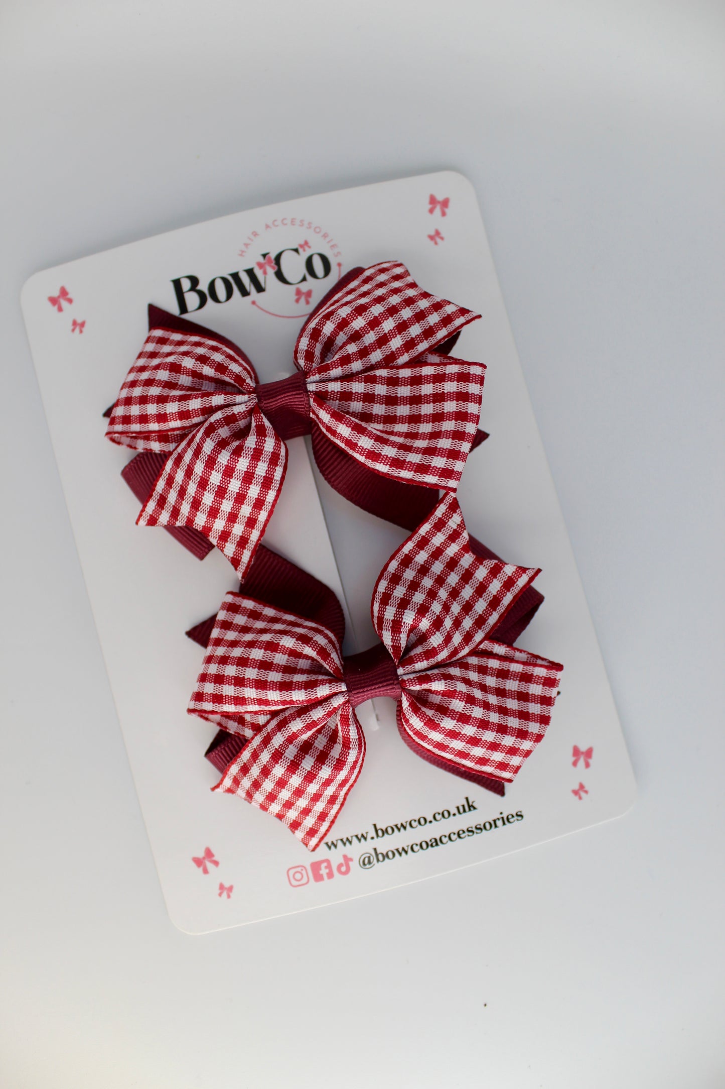 School Burgundy Gingham Layer Tail Bow Set - Clip