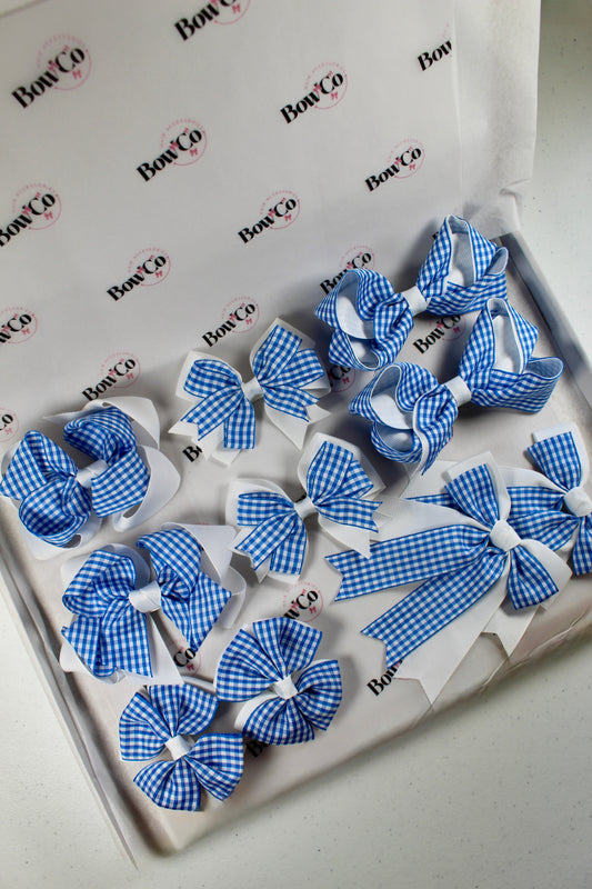 Royal Blue Gingham School Bow Bundle M/L - Clip - 10 Bows