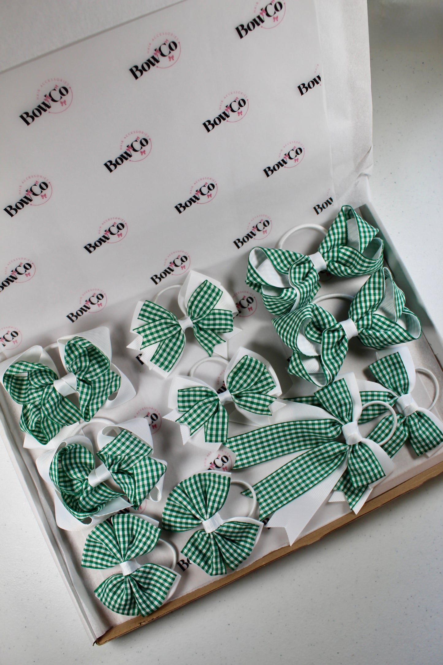 Green Gingham School Bow Bundle M/L - Elastic - 10 Bows