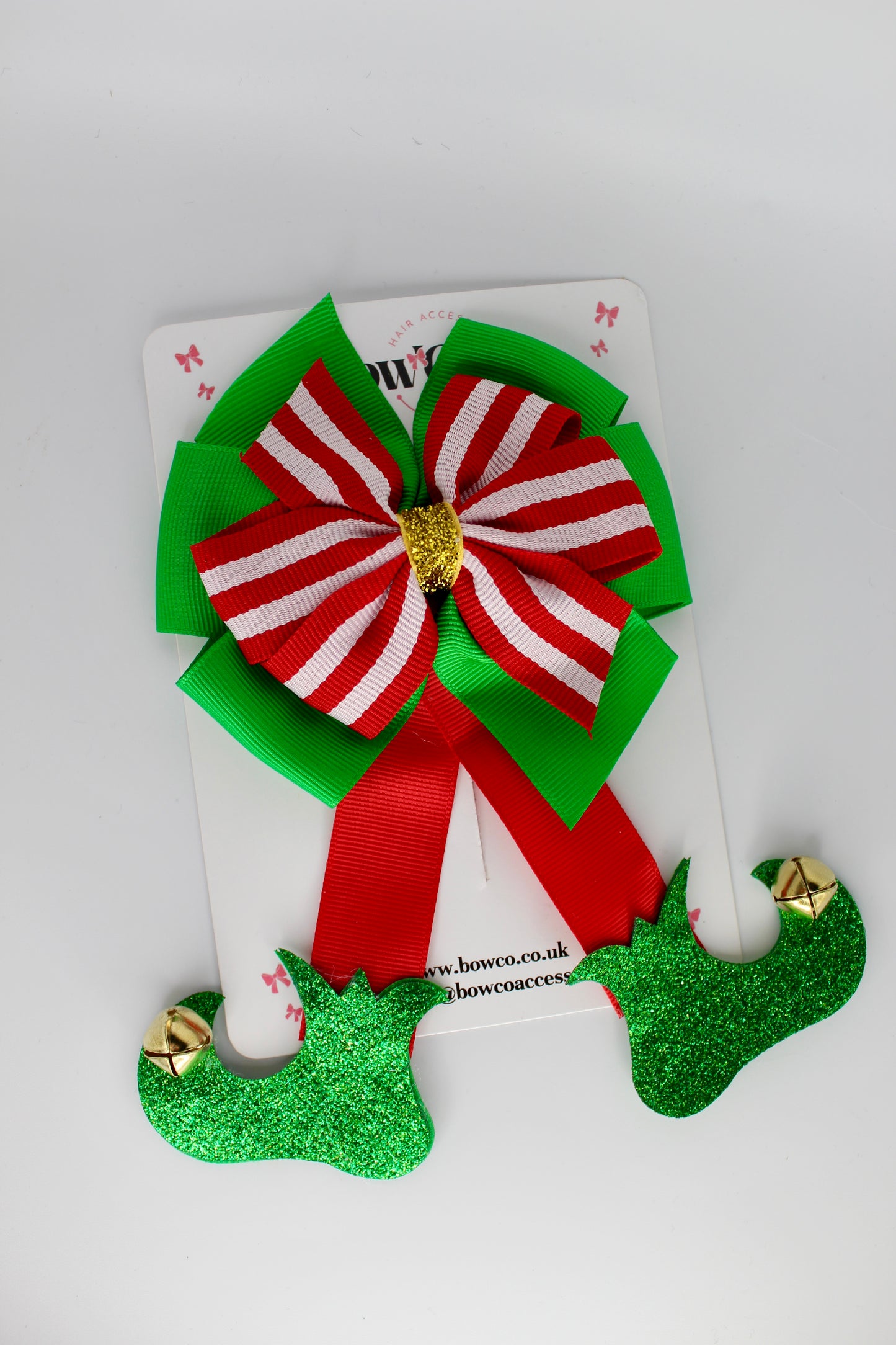Candy Red, White & Christmas Green Elf Boot Bow