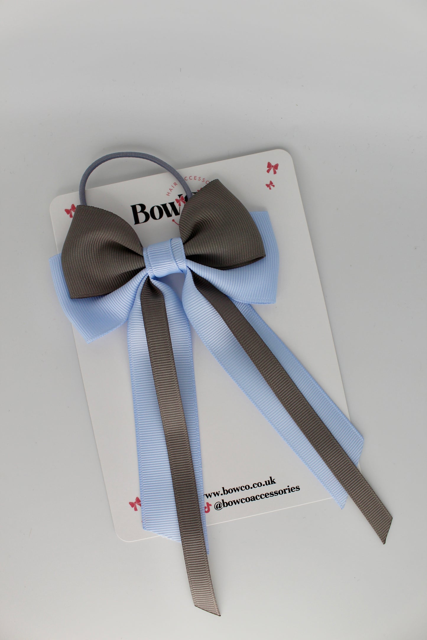 Streamer Tail School Hair Bow – Elastic - Bluebell and Metal Grey