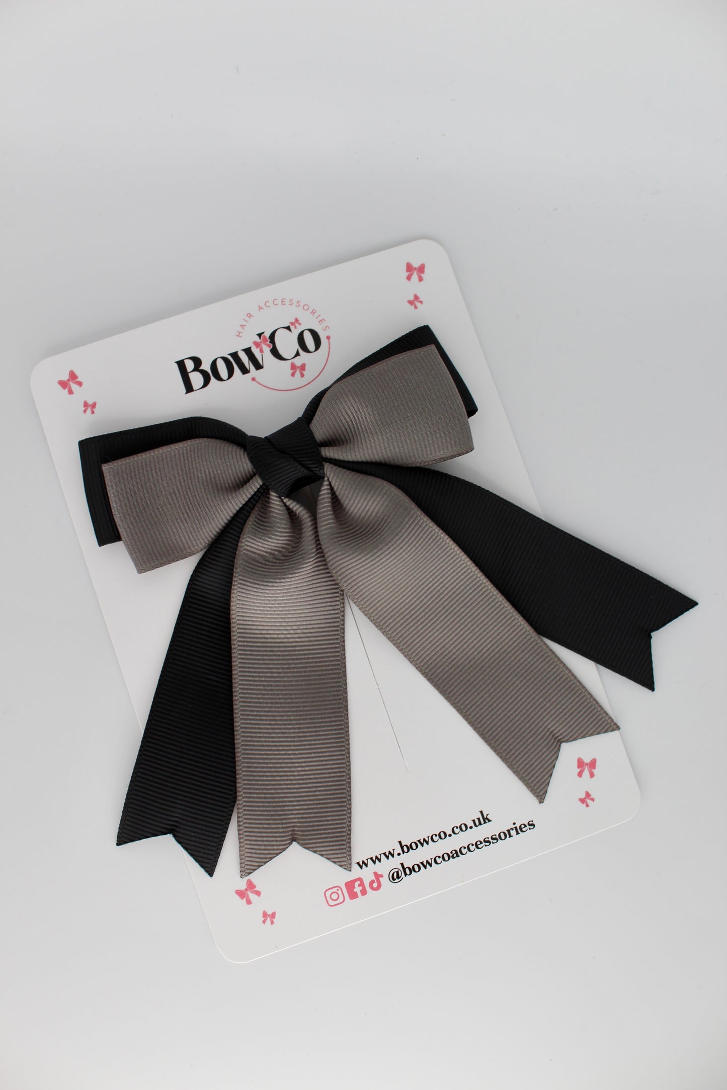 Double Ribbon Tail School Hair Bow – Clip - Black and Metal Grey
