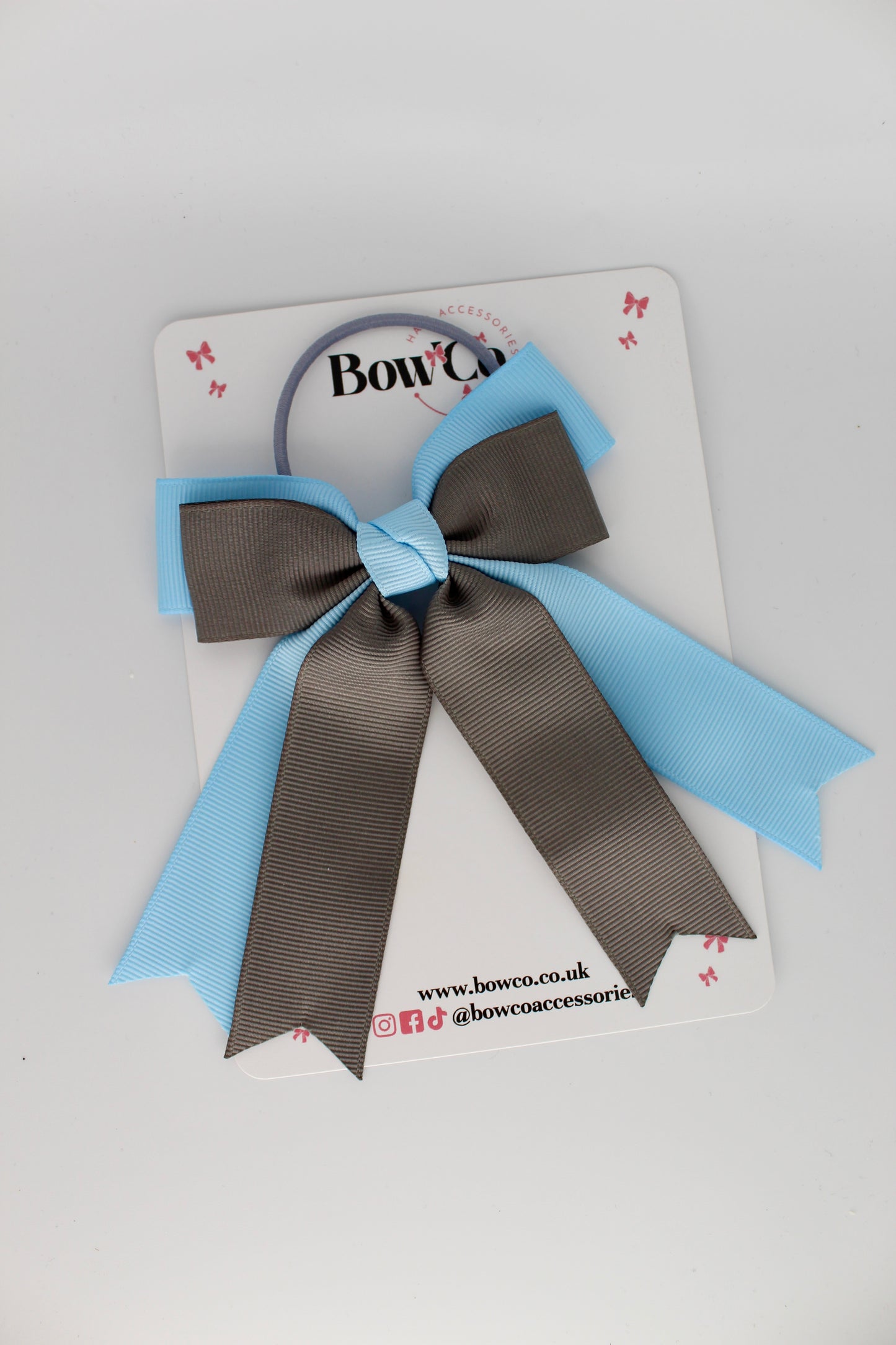 Double Ribbon Tail – Elastic - Blue Topaz and Metal Grey