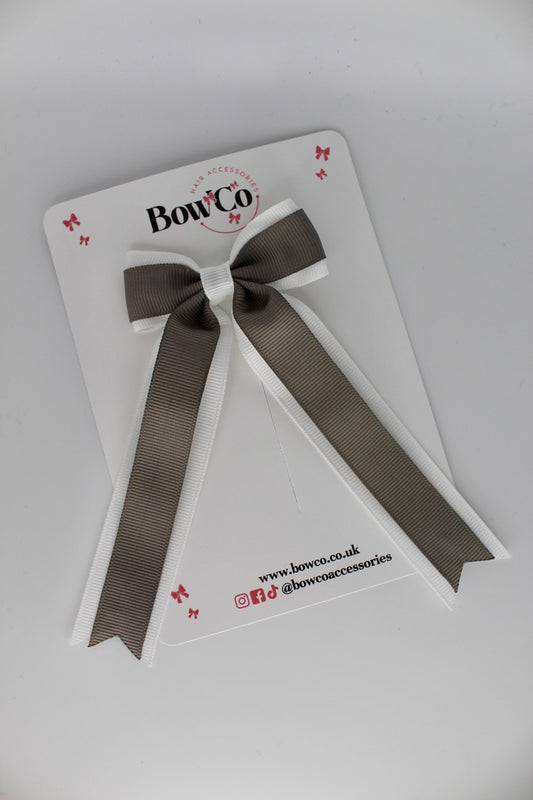 Tuxedo Tails School Hair Bow – Clip - Metal Grey and White