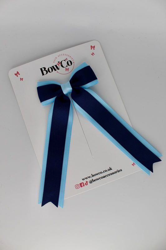 Tuxedo Tails School Hair Bow – Clip - Navy and Blue Topaz