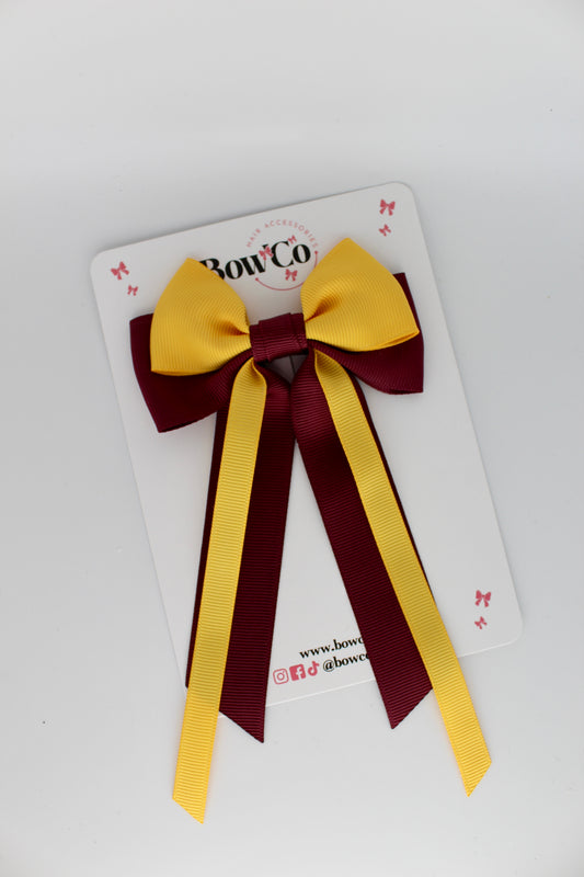 Streamer Tail Bow - Clip - Burgundy and Yellow Gold