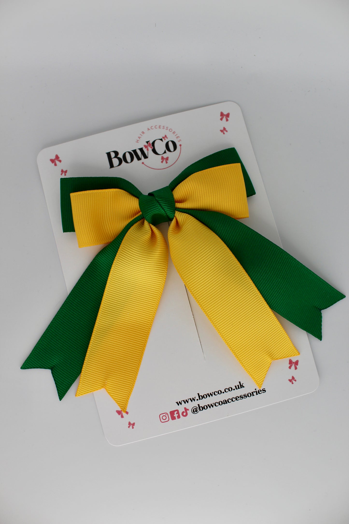 Double Ribbon Tail School Hair Bow – Clip - Forest Green and Yellow Gold