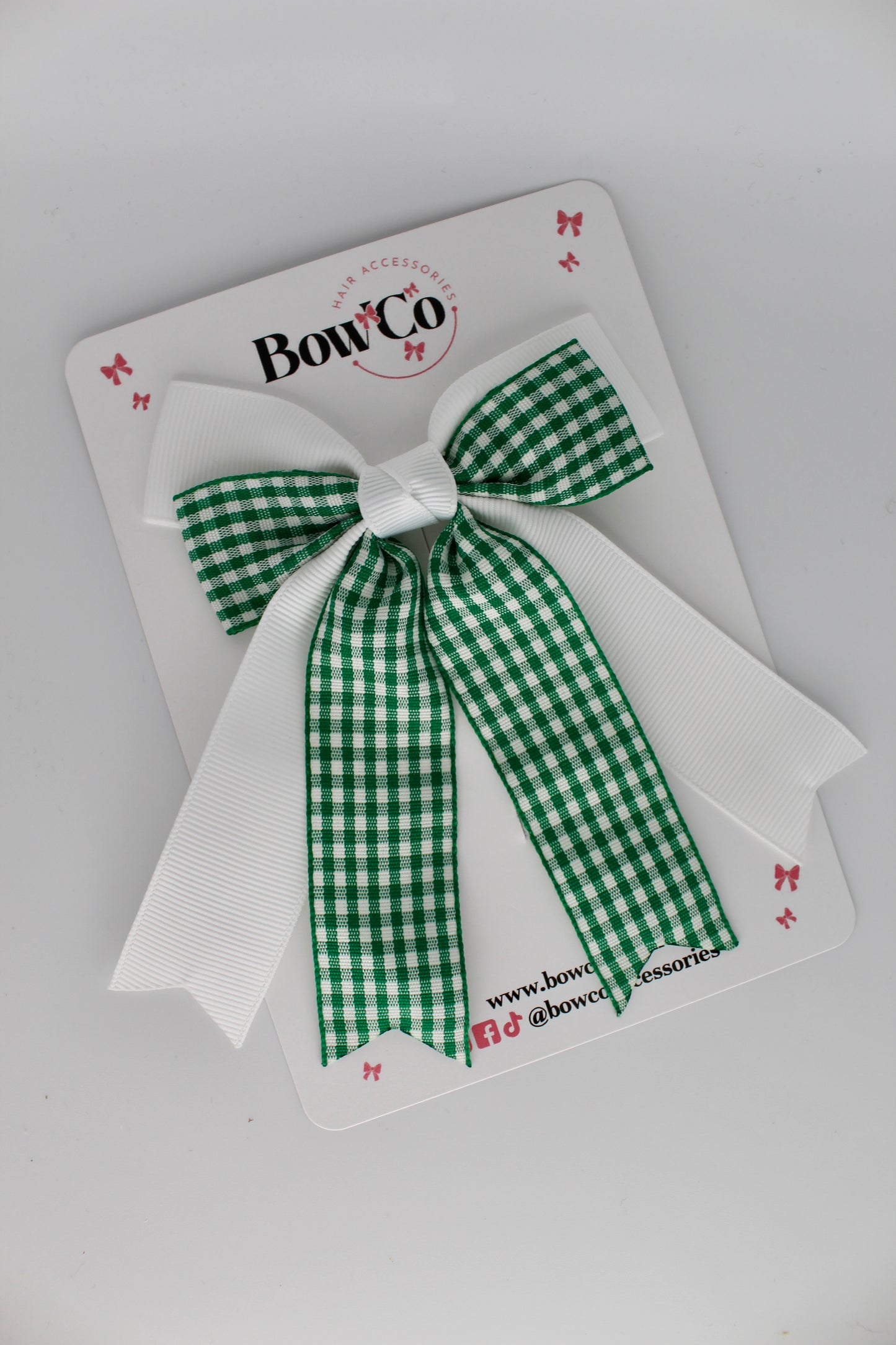 Double Ribbon Tail Bow - Green Gingham - Clip