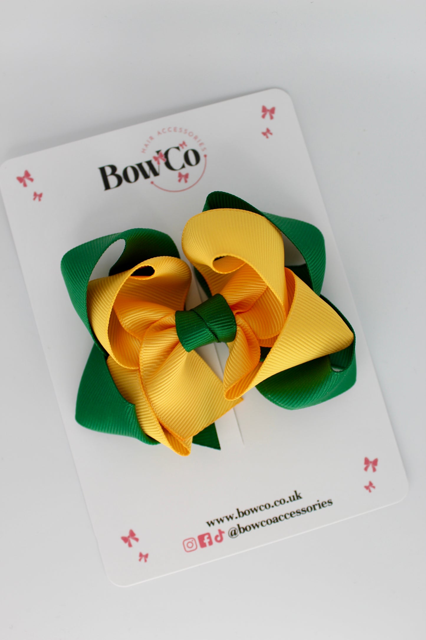 Double Loop School Hair Bow - Clip - Forest Green and Yellow Gold