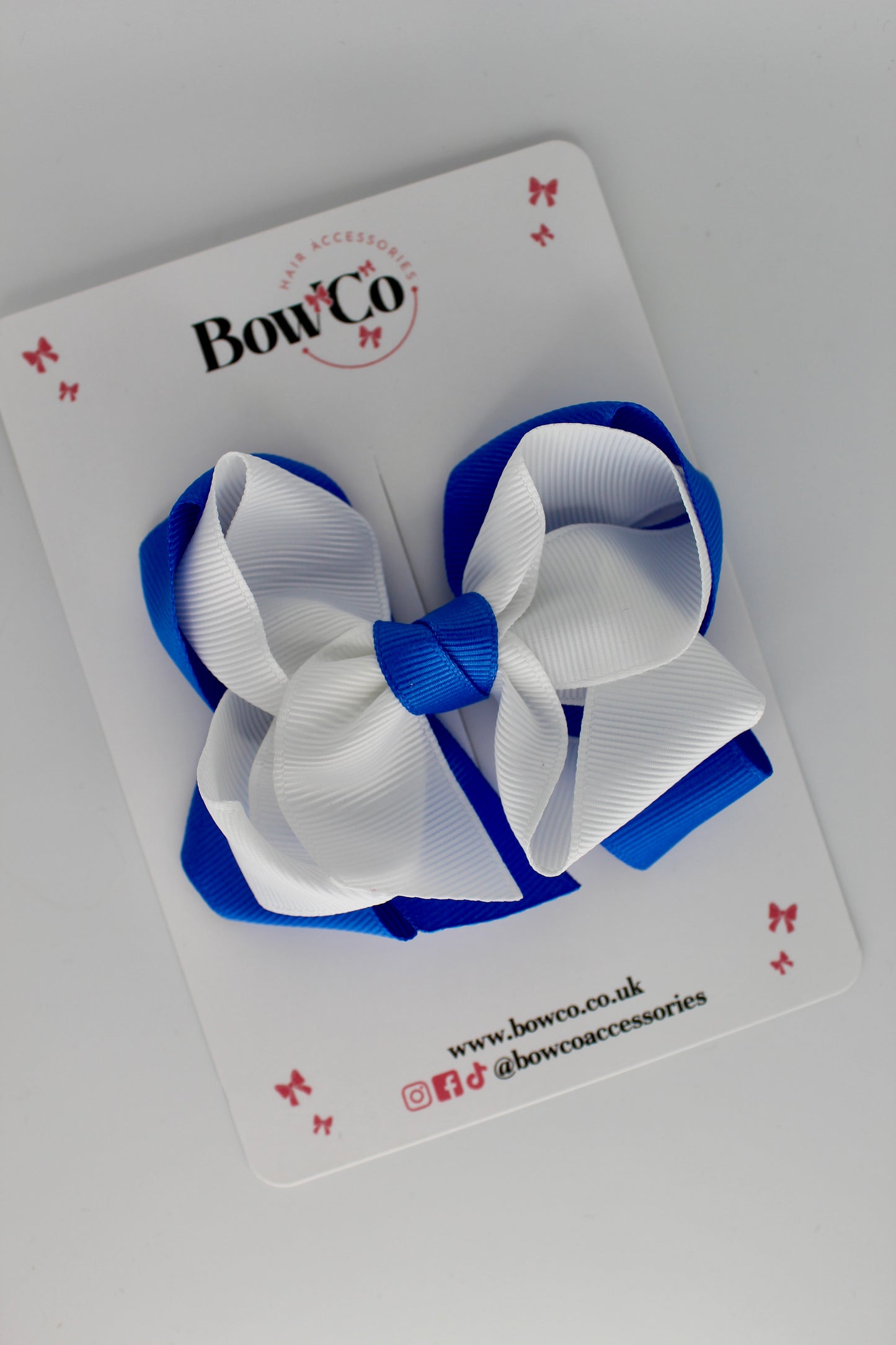 Double Loop School Hair Bow - Royal Blue and White