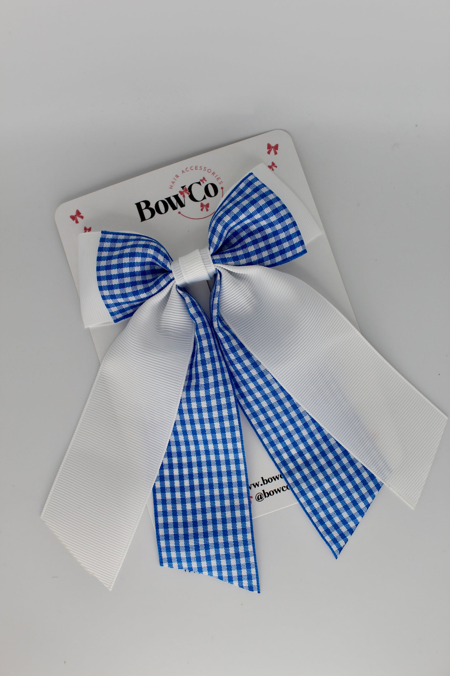 Double Layer Tail Bow - Royal Blue Gingham - Clip