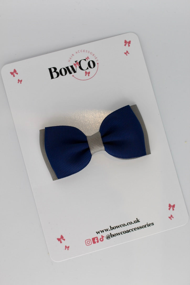 Navy Blue and Metal Grey - Double Lapel Bow - Elastic
