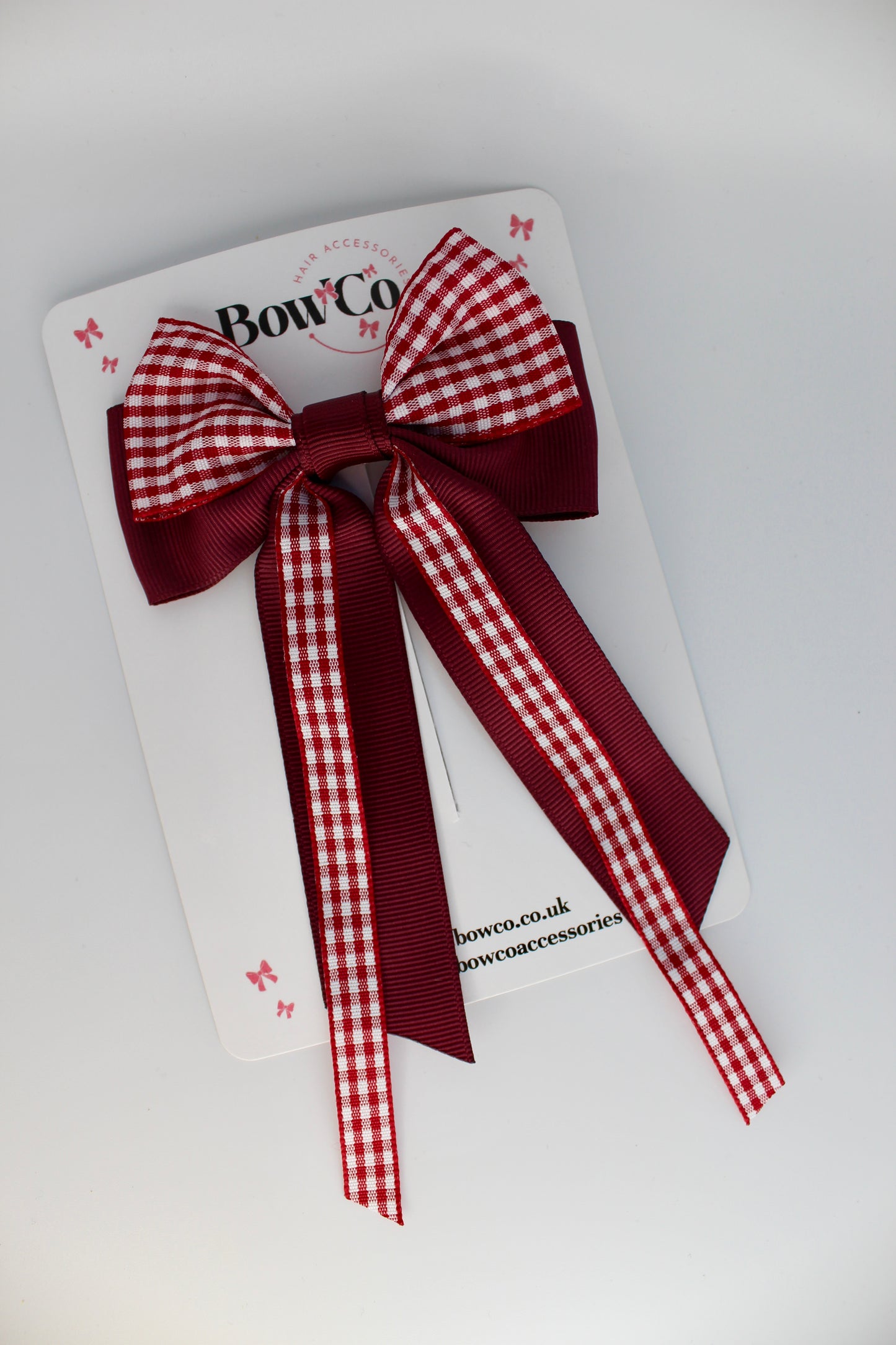 School Burgundy Gingham Streamer Tail Bow - Clip