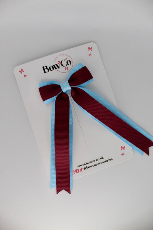 Tuxedo Tails School Hair Bow – Clip - Burgundy and Blue Topaz