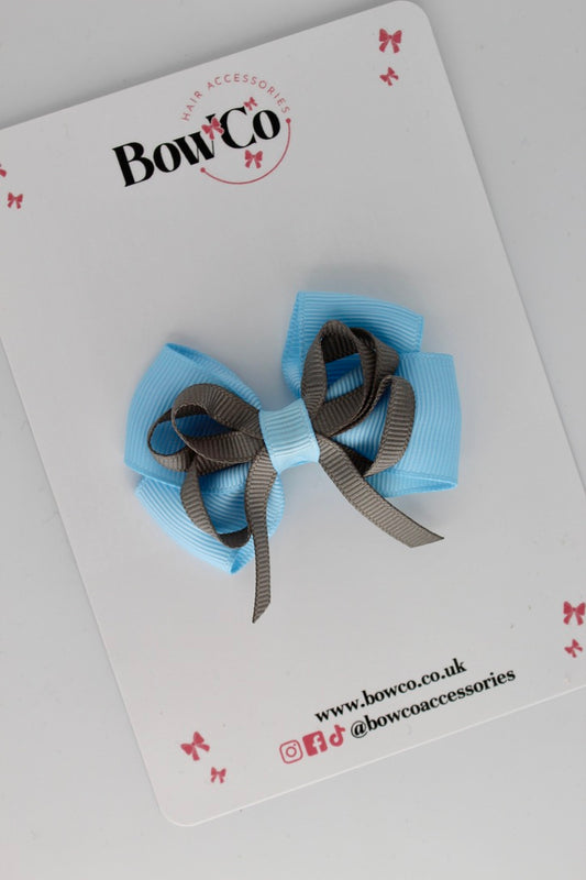 2.5 Inch Double Bow Clip - Blue Topaz and Metal Grey