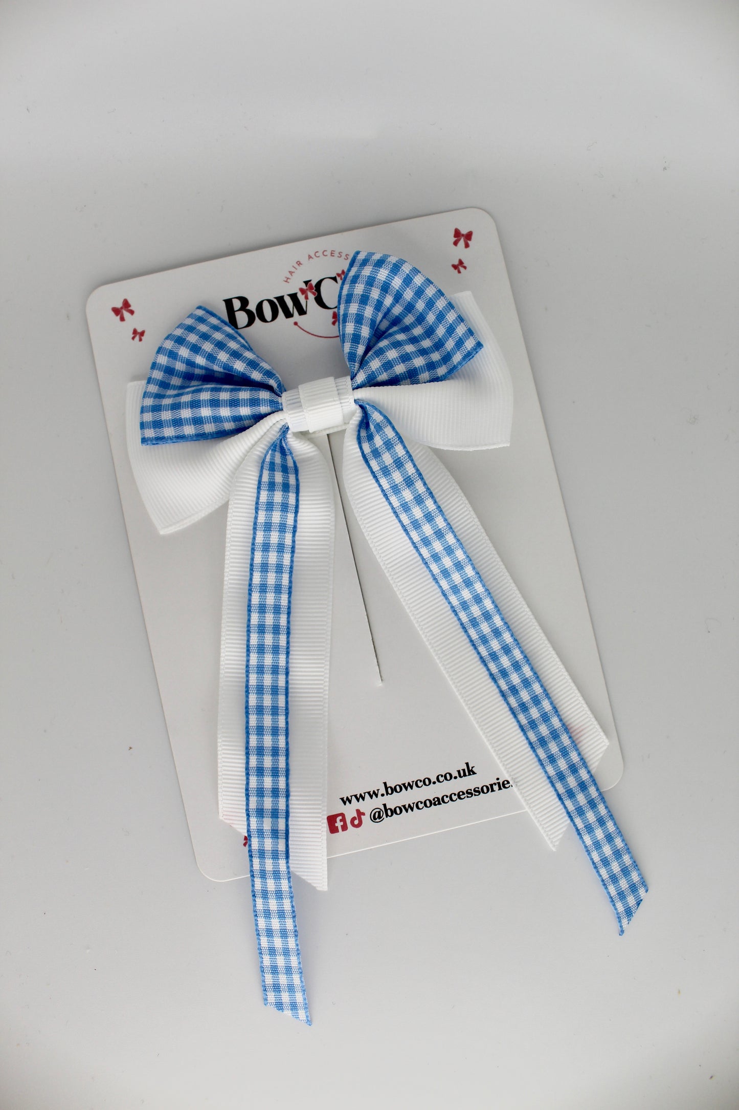 Streamer Tail Bow - Light Blue Gingham - Clip