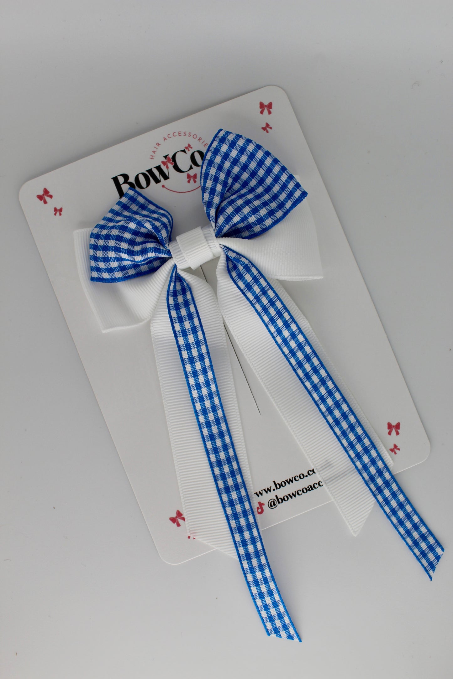 Streamer Tail Bow - Royal Blue Gingham - Clip