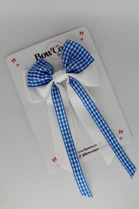 Streamer Tail Bow - Royal Blue Gingham - Clip