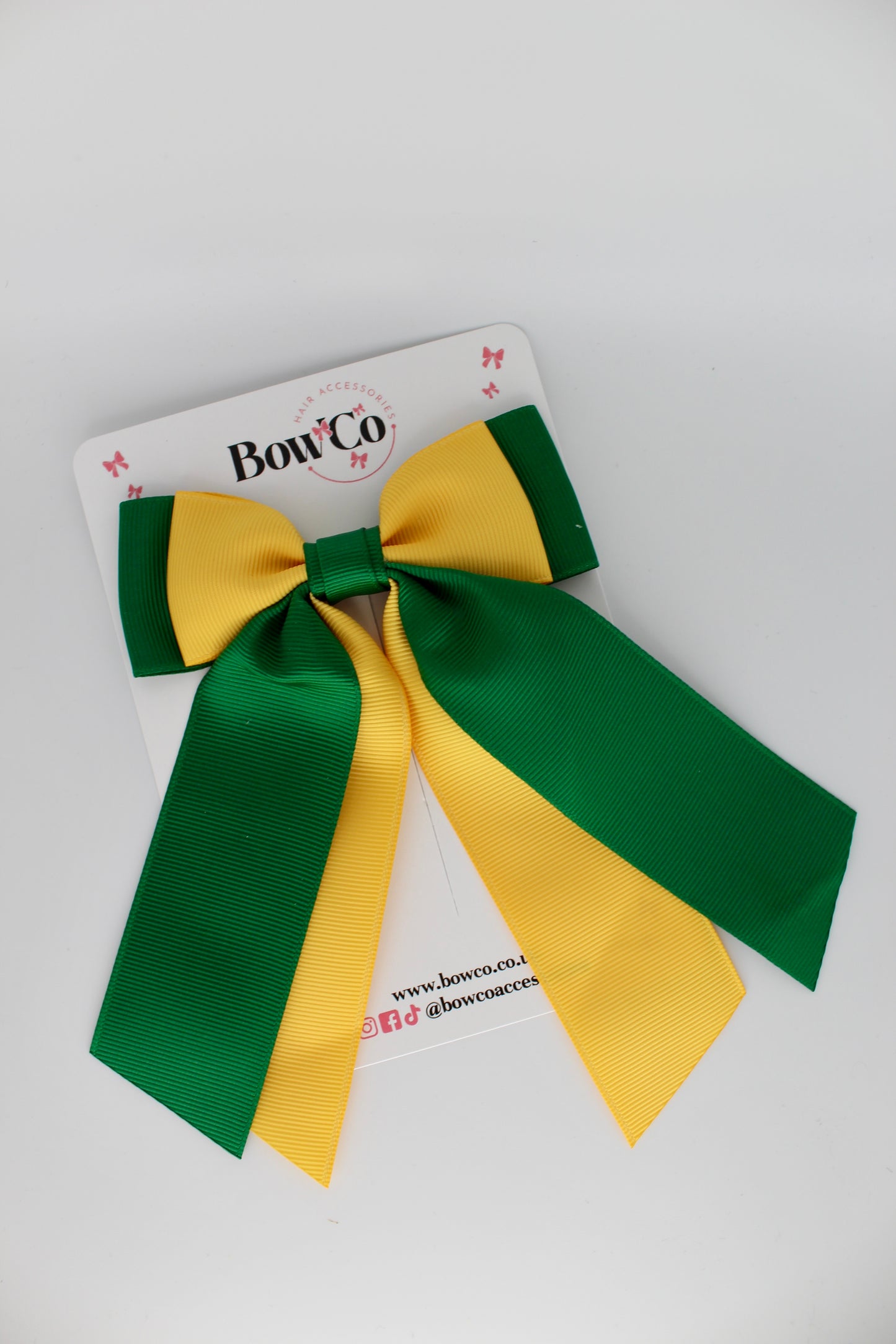 Double Layer Tail Bow - Clip - Forest Green and Yellow Gold