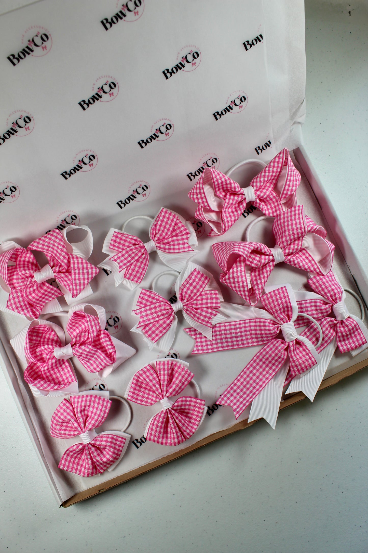 Pink Gingham School Bow Bundle M/L - Elastic - 10 Bows
