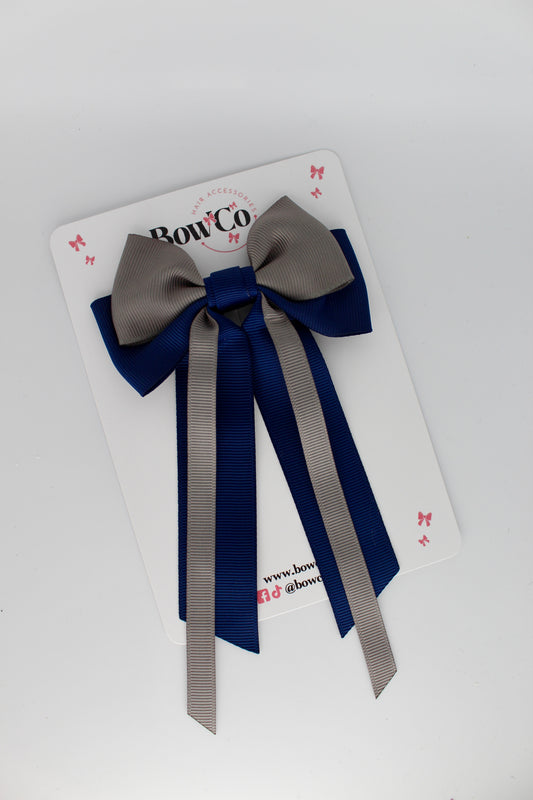 Streamer Tail Bow - Clip - Navy Blue and Metal Grey