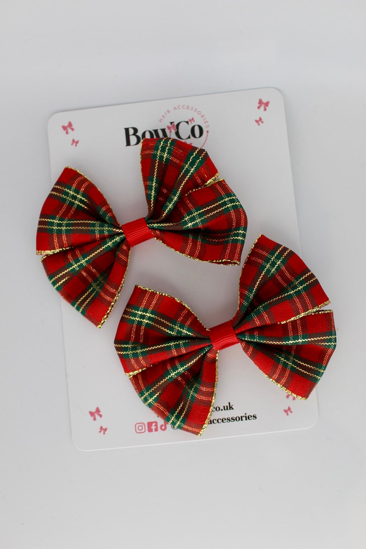 Red Gold Tartan Twist Bows Set - Clip