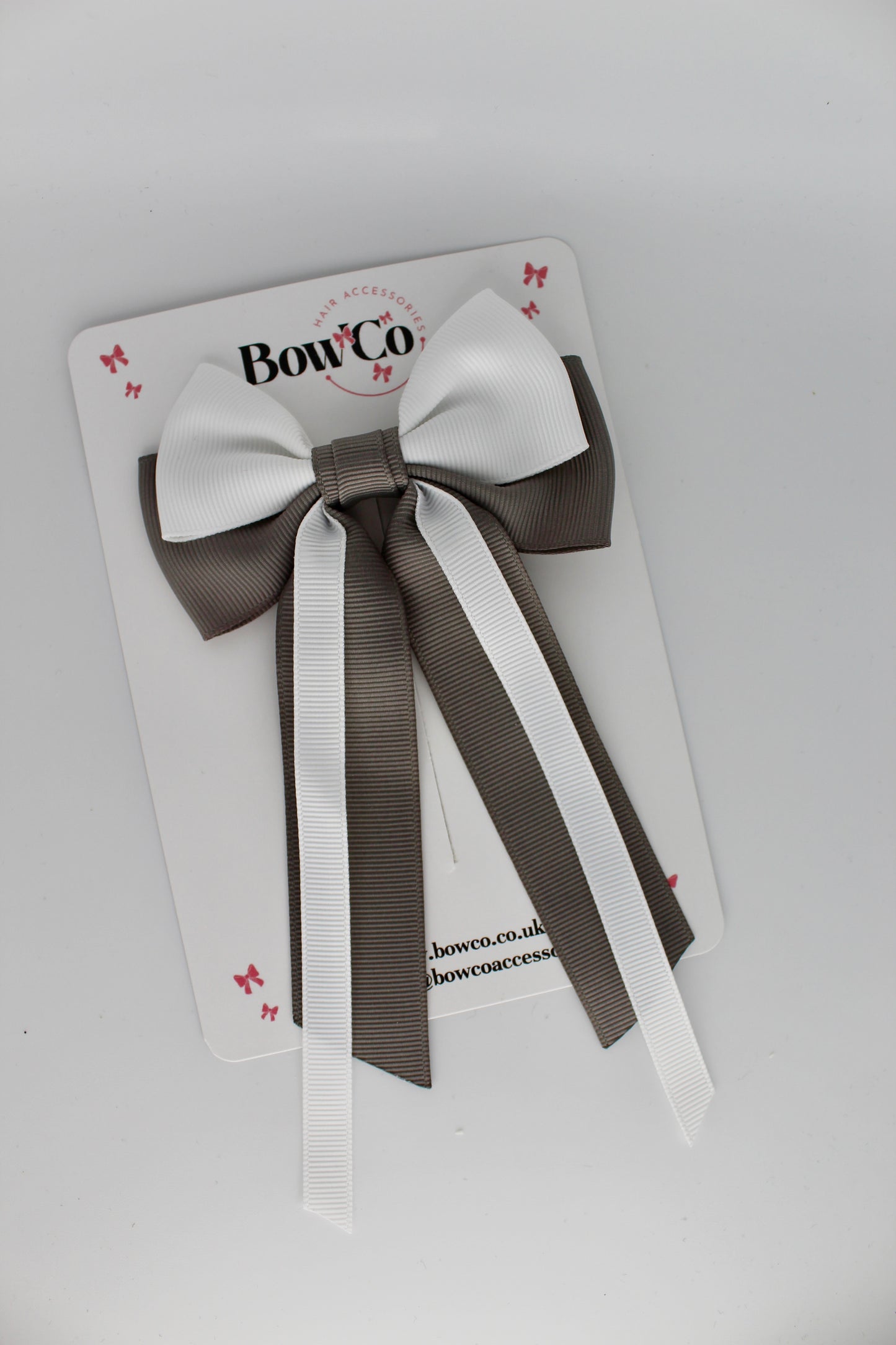 Streamer Tail Bow - Clip - Metal Grey and White