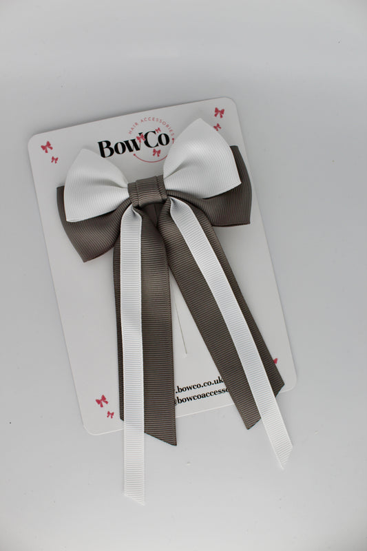 Streamer Tail Bow - Clip - Metal Grey and White