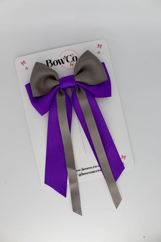 Streamer Tail Bow - Clip - Purple and Metal Grey